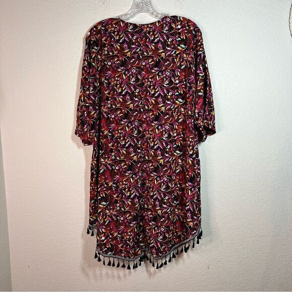 LuLaRoe Black Red Floral Tasseled Open Front Quarter Sleeves Kimono Womens Small - Picture 5 of 6